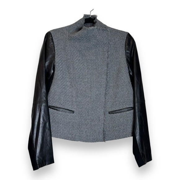 Vince Boucle Wool Moto Scuba Lamb Leather Sleeve Motorcycle Jacket Gray Women M - Picture 1 of 8